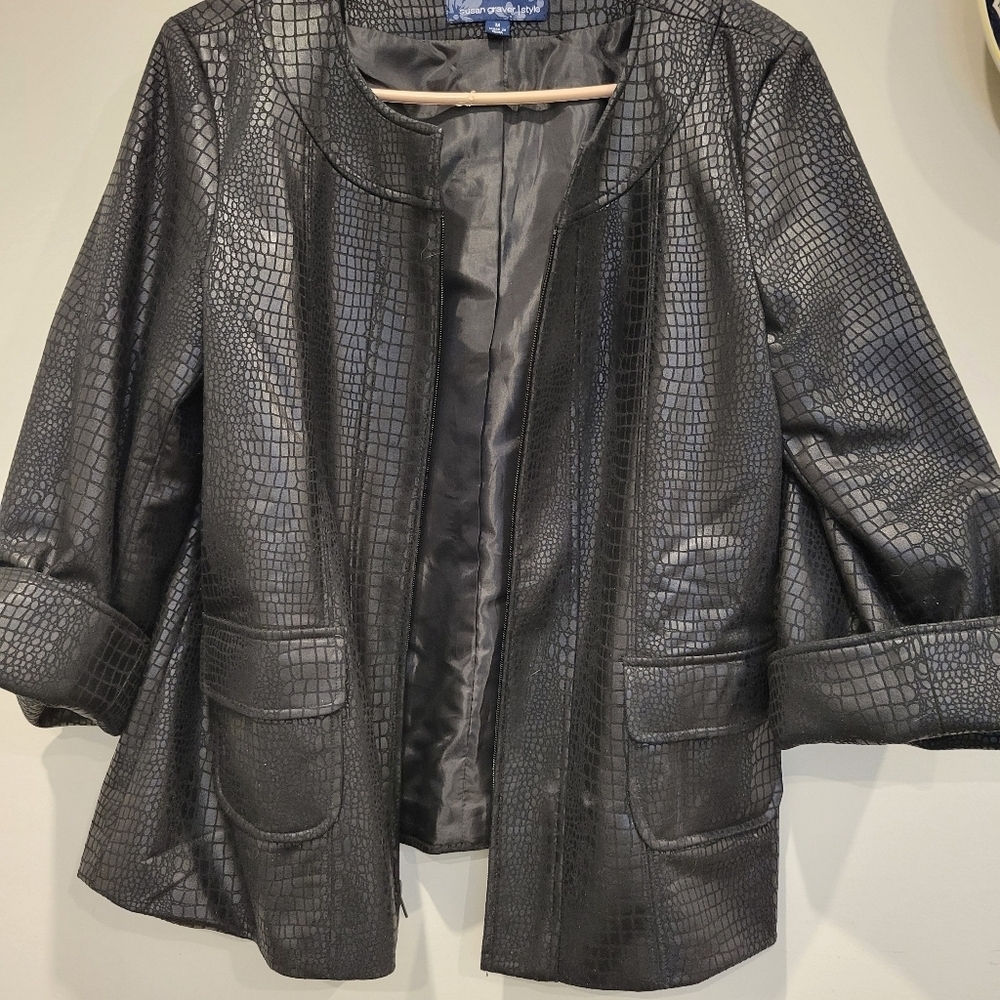 Susan Graver Womans Zipper Front Casual Lined Jacket Black On Black Print MED - Picture 8 of 8